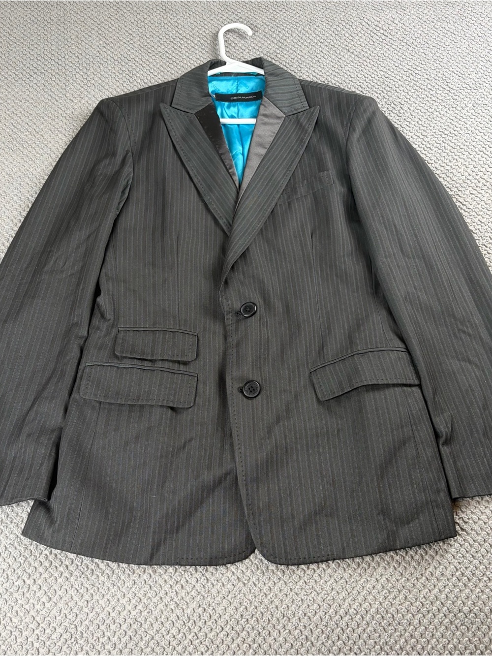 DSQUARED2 Charcoal Pinstripe Two-Button Blazer with Turquoise Lining Italy